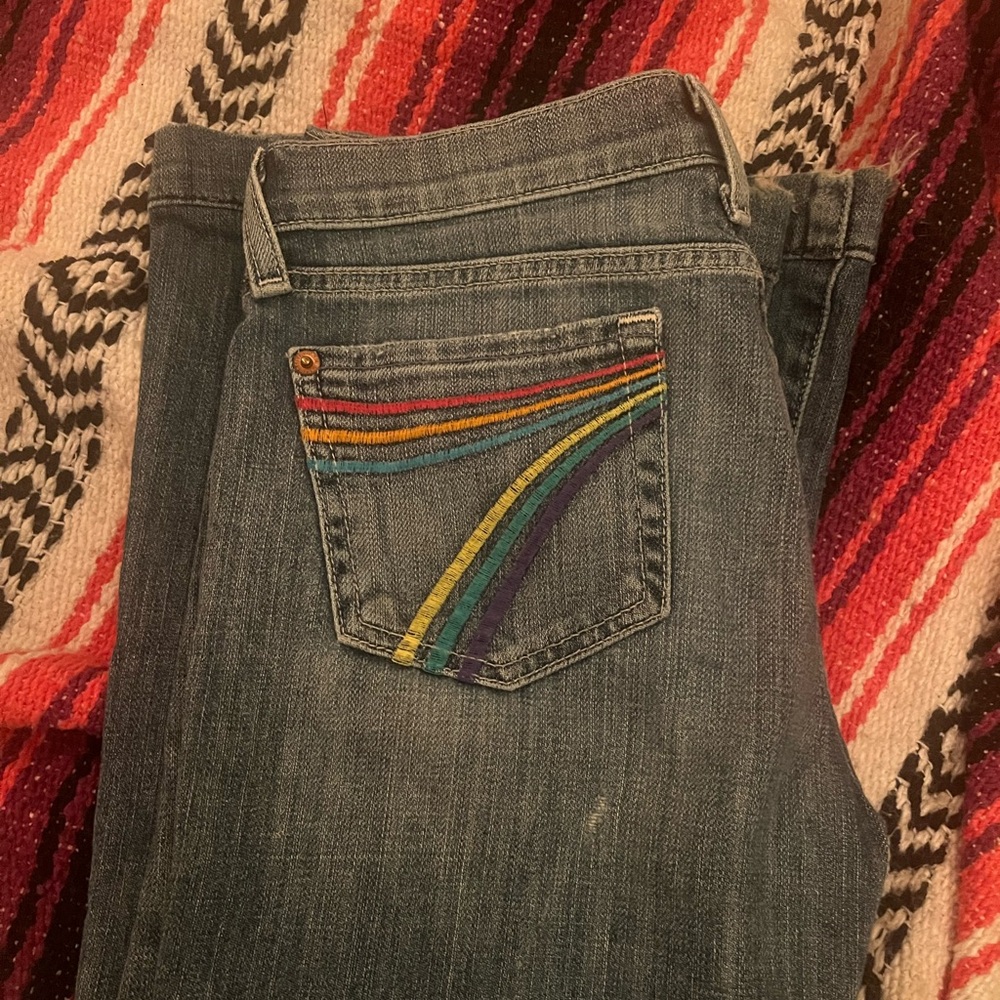7 For All Mankind Blue Flare Jeans with Rainbow Detail